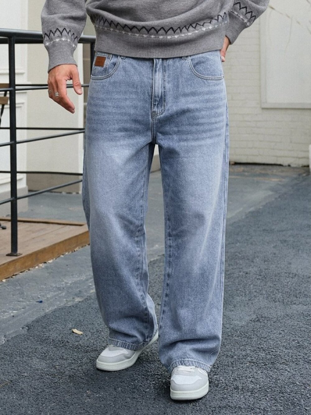 Blue Casual - Amekaji Men's Patch Design Original Denim Fabric Wide Leg 'S Jeans